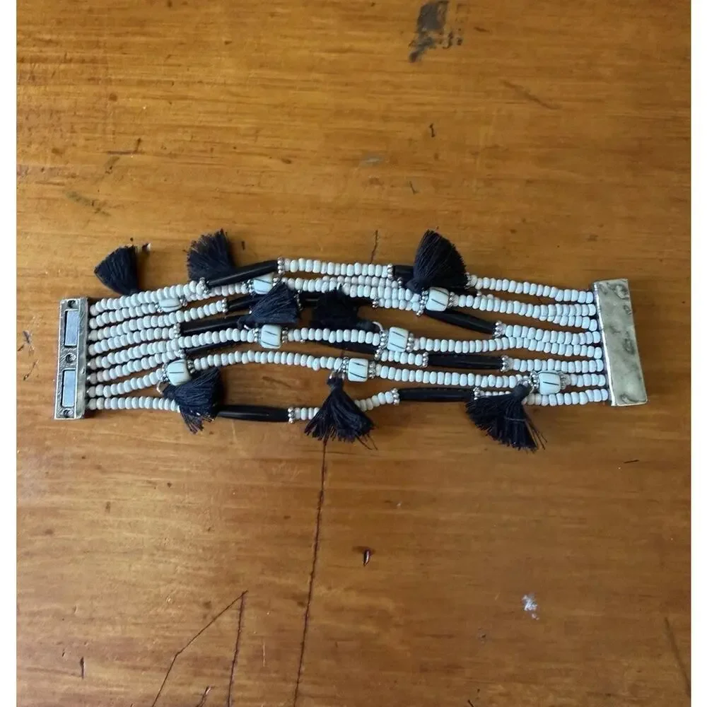 Boho Black White Beaded Bracelet Earrings Matching Set Tassel Statement Jewelry